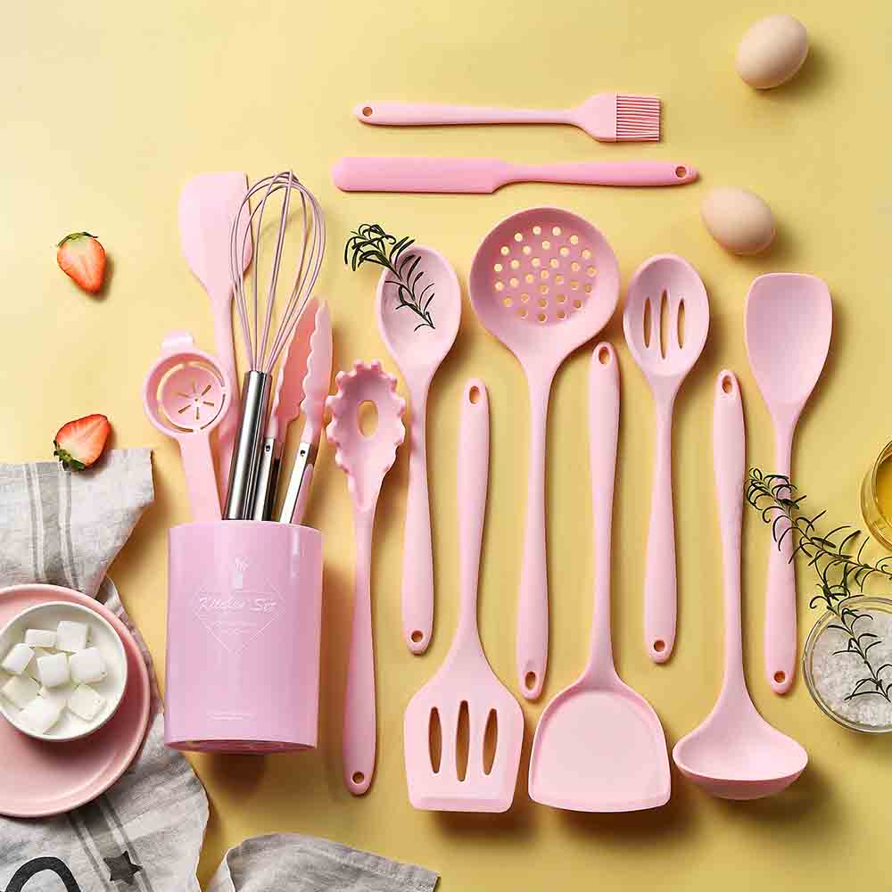 Home Cooking Utensil Set - 12/15Pcs Pink Food Grade Silicone Kitchen